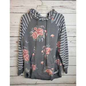 Maurices Hoodie Sweatshirt Gray Pink Floral Striped Pullover Women's Size XL